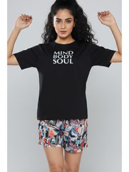 Zivame - Black Polyester Typography T-Shirt With Shorts