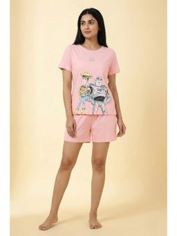 Zivame - Peach Polyester Blend Printed T-Shirt With Shorts