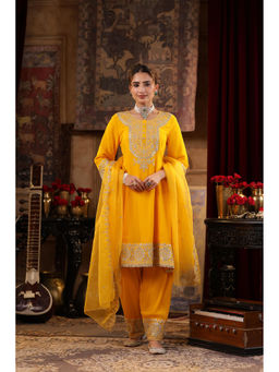 Scakhi - Yellow Georgette Dori-Gota Work Anarkali with Salwar and Dupatta (Set of 3)