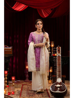 Scakhi - Purple-Ivory Shimmer Organza Embroidered Kurta with Sharara and Dupatta (Set of 3)