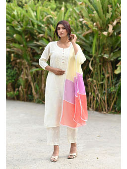 RANGREZA ETHNIC - Button Chanderi Long Kurta with Pant and Dupatta (Set of 3)