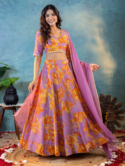 Kasya - Floral Printed Tissue V-Neck Blouse and Lehenga Set with Chiffon Dupatta (Set of 3)