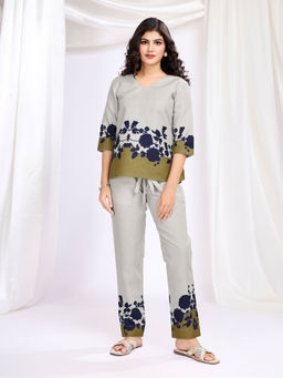 MOJILAA - Women's Grey Linen Silk Floral Printed Causal Co-Ords (Set of 2)