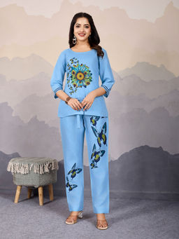 MOJILAA - Women's Sky Blue Linen Silk Butterfly Printed Causal Co-Ords (Set of 2)