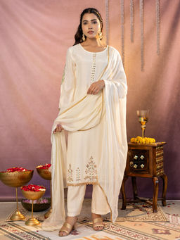 Kasya - Off White Mirror Work Embroidered Pakistani Style Kurta Set with Dupatta (Set of 3)