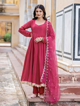 Kasya - Red Anarkali with Pant Mirror Work Net Dupatta (Set of 3)