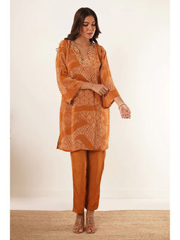 ZNKL - Hand Mirror Work V-Neck Kurti with Pant-Orange (Set of 2)