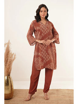 ZNKL - Hand Mirror Work V-Neck Kurti with Pant-Brown (Set of 2)