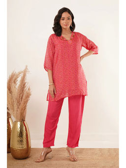 ZNKL - V-Neck Kurti with Pant - Red (Set of 2)