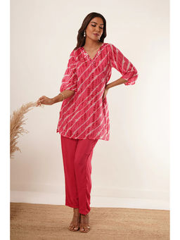 ZNKL - V-Neck Kurti with Pant - Pink (Set of 2)