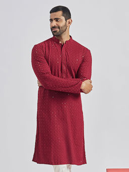 Vastramay - Men Maroon Rayon Cotton Kurta