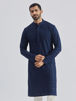 Vastramay - Men Navy Blue Rayon Cotton Kurta