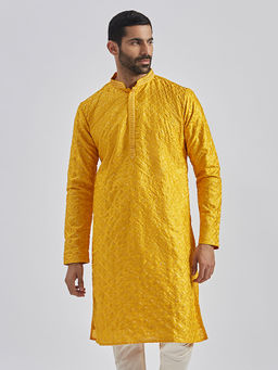Vastramay - Men Yellow Silk Blend Kurta