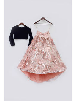 Fayon Kids - Black Velvet Top with Sequins Embroidery Lehenga (Set of 2)