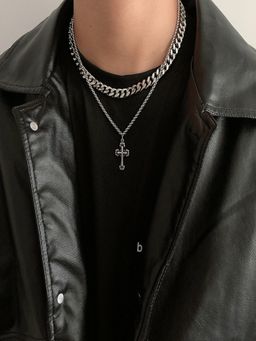 AQUASTREET - Silver Plated Cuban Chain Cross Pendant Chain, Anti-Tarnish Stainless Steel Jewelry