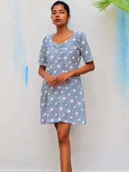 Chidiyaa - Ivory Diamond Block Printed Cotton Dress - Wic (S)