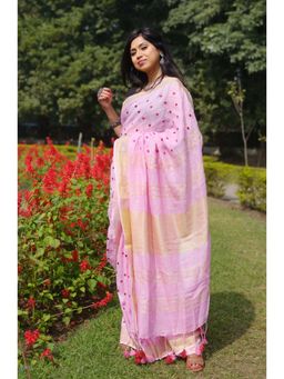 Shobitam - Loving Hearts Embroidered Pink Linen Saree With Unstitched Blouse