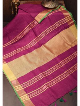 Shobitam - Magenta Pink And Green Linen Saree With Unstitched Blouse