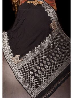 Shobitam - Sophisticated Black Banarasi Silk Chiffon Saree With Unstitched Blouse