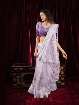 Shobitam - Swirls Design Dusty Pastel Lavender Net Saree With Unstitched Blouse