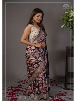 Shobitam - Navy Blue Gajji Silk Saree With Unstitched Blouse