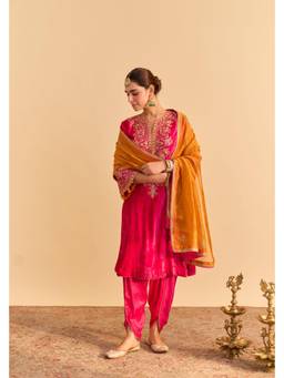 Sheetal Batra - Pink Silk Round Neck Kurta with Dhoti and Dupatta