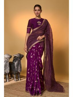 Masaba - Purple Moonfield Zari Stripes Saree With Unstitched Blouse