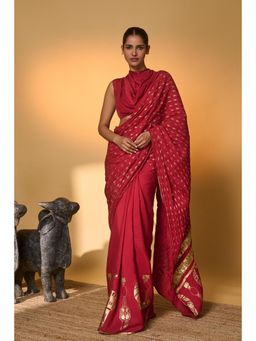 Masaba - Red Tribal Mask Saree With Unstitched Blouse