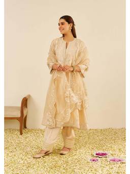 Sheetal Batra - Beige Chanderi Silk Round Neck Kurta with Salwar and Dupatta