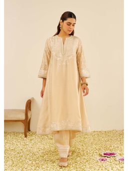 Sheetal Batra - Beige Chanderi Silk Round Neck Kurta with Salwar