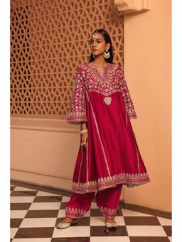 Sheetal Batra - Pink Chanderi Silk Round Neck Anarkali Kurta with Salwar