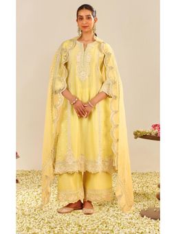 Sheetal Batra - Yellow Chanderi Silk Round Neck Kurta With Palazzo And Dupatta