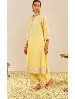 Sheetal Batra - Yellow Chanderi Silk Round Neck Kurta With Palazzo