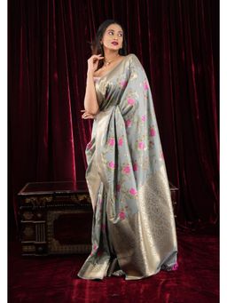Shobitam - Gray Tone Exquisite Meenakari Rose Jaal Semi Silk Saree With Unstitched Blouse