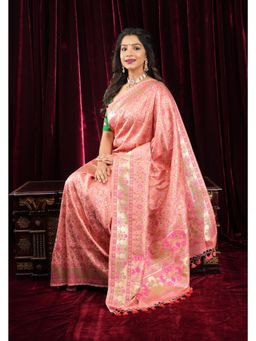 Shobitam - Exquisite Coral Pink Semi Silk Saree With Unstitched Blouse