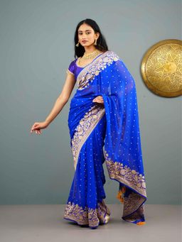 Shobitam - Blue Pure Silk Chiffon Saree With Unstitched Blouse