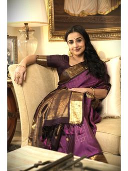 Shobitam - Magenta Zari Checks Kanjivaram Silk Saree With Unstitched Blouse