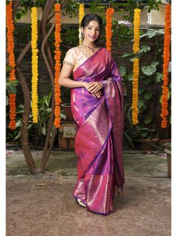 Shobitam - Purple Shot Color Pure Handwoven Gadwal Silk Saree With Unstitched Blouse