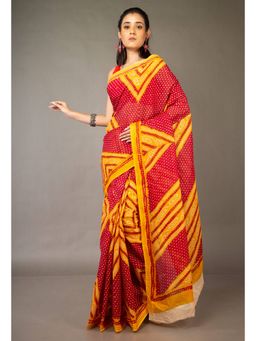 Unnati Silks - Red Yellow Pure Kota With Bandhani Prints Cotton Saree with Unstitched Blouse