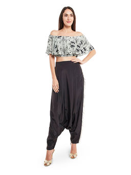 Payal Singhal - Blue Printed Crepe Off Shoulder Ruffle Top with Silk Low Crotch Pant (Set of 2)