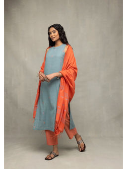 Sutra Art of Clothing - Zen Blue Jamdani Tangerine Leaf Motif Kurta with Pant & Dupatta