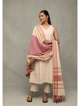 Sutra Art of Clothing - Cream & Pink South Cotton Zari Kurta Set With Dupatta