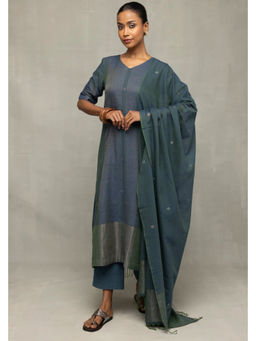 Sutra Art of Clothing - Teal Green Jamdani Kurta Set With Silver Zari Border And Dupatta