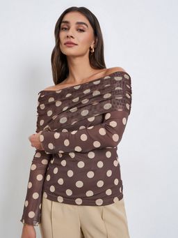 Styli - Brown Off-Shoulder Polka Dot Mesh Top
