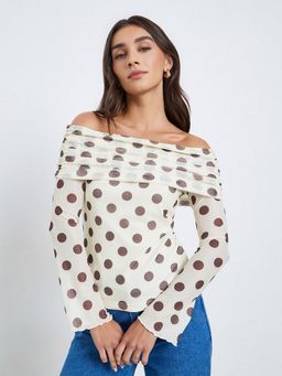 Styli - Off White Off-Shoulder Polka Dot Mesh Top