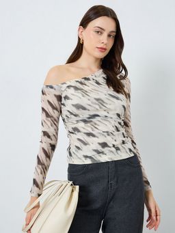 Styli - Animal Print One Shoulder Sleeve Knit Top