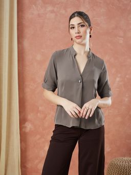 Latin Quarters - Brown Half Sleeves Solid Formal Top
