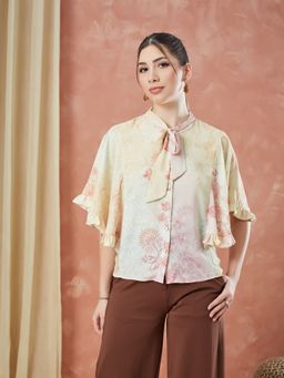 Latin Quarters - Yellow Half Sleeves Printed Tie-Up Neck Casual Top