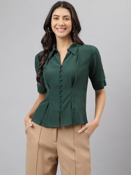 Latin Quarters - Green Half Sleeves Solid Formal Top