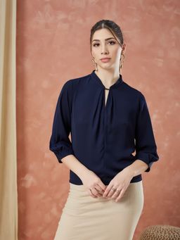 Latin Quarters - Navy Blue Solid Mandarin Neck Casual Top